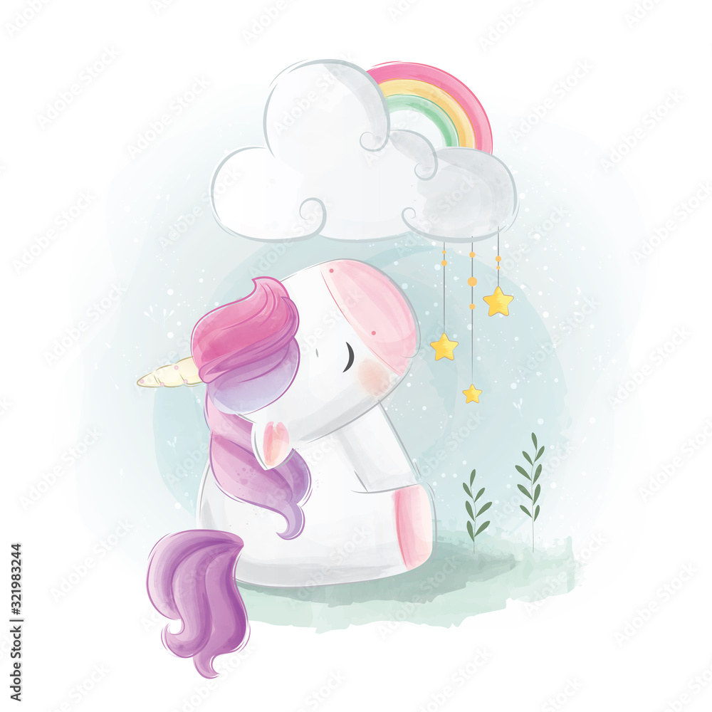 Cute Unicorn Sitting Under Rainbow Cloud Stock Vector | Adobe Stock