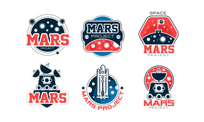 Sticker - Mars Project Logo Design Templates Collection, Space Adventure, Exploration, Red Planet Colonization Labels Vector Illustration