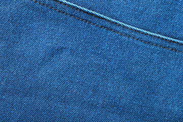 Poster - Selective focus blue jean denim top view close up shot to the detail of fabric. textile material and cotton patter tough and durable garment style. For background or wallpaper with copy space for text