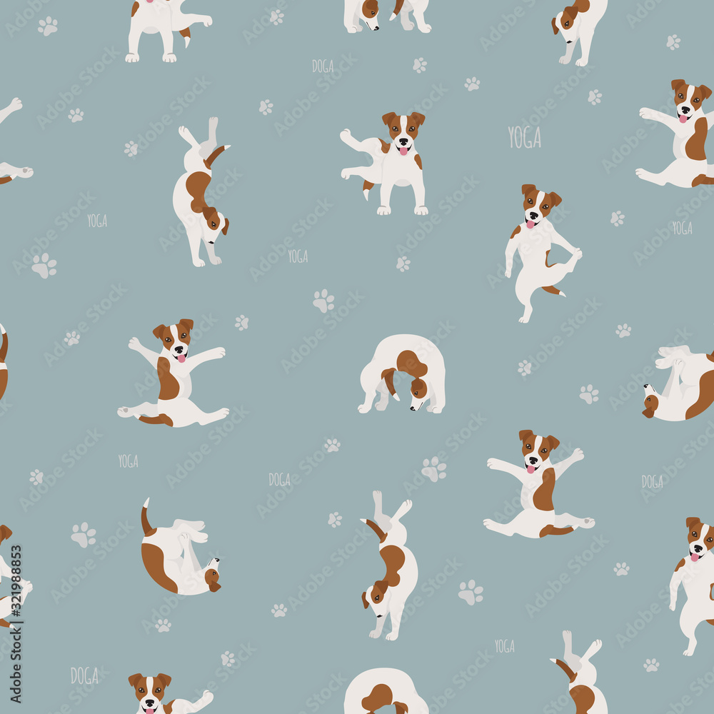 Yoga dogs poses and exercises seamless pattern design. Jack Russel terrier clipart - obrazy, fototapety, plakaty 