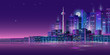 © veye - Night city panorama with moon and neon glow. Vector illustration.