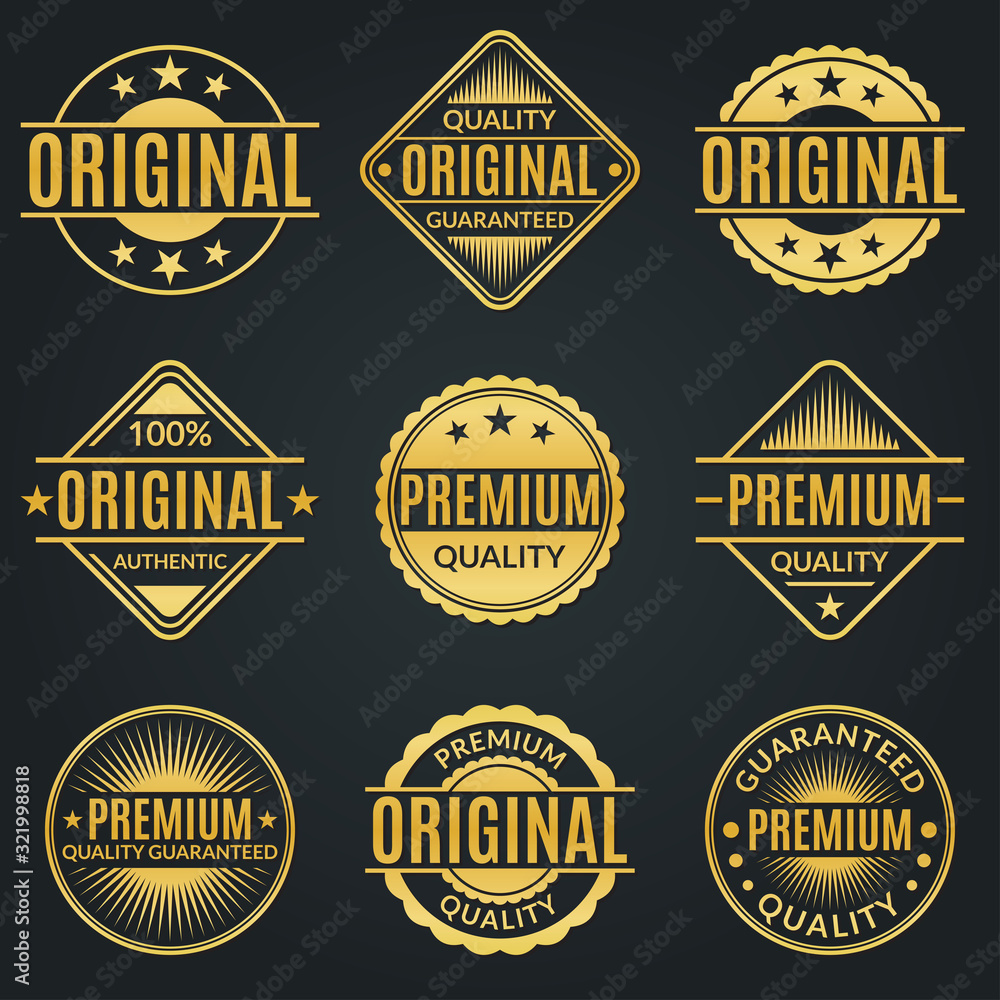 Vintage badge and retro logo set. Original, Premium quality and Guarantee stamp, seal and label collection. Vector illustration. - obrazy, fototapety, plakaty 