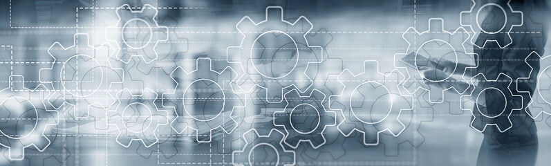 Wall Mural - Gears mechanism on panoramic business background. Success Concept.