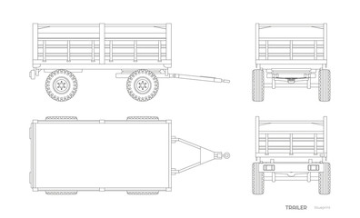 Isolated drawing of tractor trailer in outline style. Side, front and back view of agriculture machinery. Farming machinery on white background. Industrial blueprint