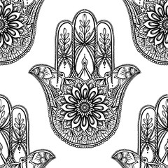 Wall Mural - Seamless pattern with ornate hand drawn hamsa. Popular Arabic and Jewish amulet. Vector illustration. Outline vector illustration, isolated on white background.