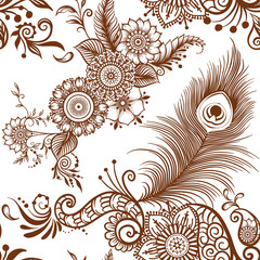 Wall Mural - Peacock feathers in eastern ethnic style, mehendi, traditional indian henna floral ornament. Seamless pattern, background. Vector illustration.