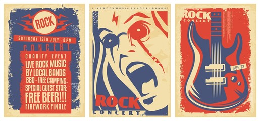 Wall Mural - Set of poster templates for rock music concerts and musical events. Live music party flyers collection. Hard rock, punk or pop music signs with electric guitar, singer portrait and artistic lettering.