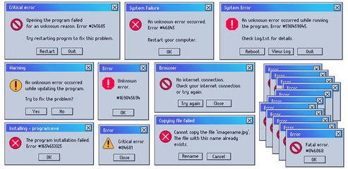 Retro error message. Old user interface system failure window, fatal and critical errors messages. Damaged computer problem warnings vector set. Failed operations or OS crash widgets with buttons.