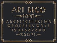 Golden Art Deco Font. Luxury Decorative 1920s Geometric Letters, Ornamental Gold Numbers And Retro Frame Vector Set. Elegant Vintage English Alphabet, Digits, Punctuation Marks, Typographic Symbols.