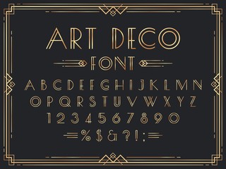 golden art deco font. luxury decorative 1920s geometric letters, ornamental gold numbers and retro f
