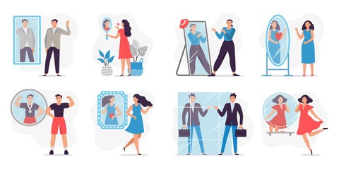 People looking in mirror. Love and proud yourself, man happy to see reflection in mirror and motivation vector illustration. Concept of self-confidence, self-acceptance, self-esteem, narcissism.