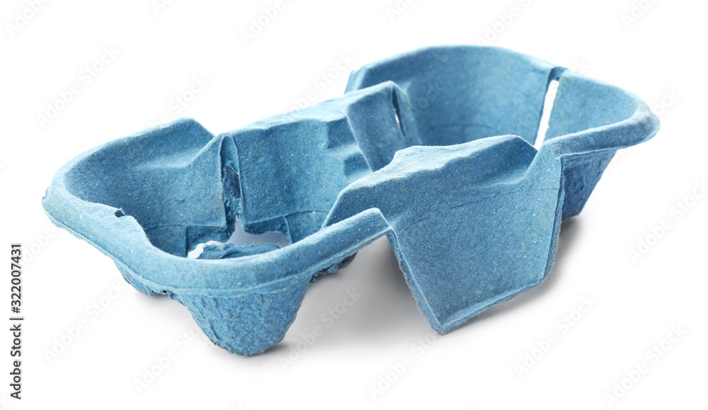 Cardboard eggs holder on white background. Recycling concept