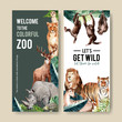 © photographeeasia - Zoo flyer design with meerkat, lion, tiger watercolor illustration.