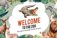 Zoo Frame Design With Zebra, Lion, Bird, Crocodile Watercolor Illustration.