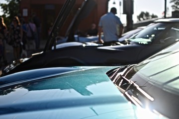 Poster - Beautiful shot of different models of cars parked in a parking lot with a blurred background