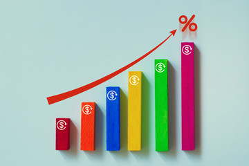 Rising bar graph with red arrow and percent icon. time value of money / financial concept : Risk management business financial and managing investment percentage for long term growth.