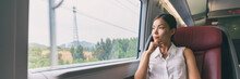 Train Travel Asian Business Woman Looking Out The Window Contemplative On Morning Commute To Work Commuting Banner Panorama People Lifestyle. Businesswoman In First Class Seat.
