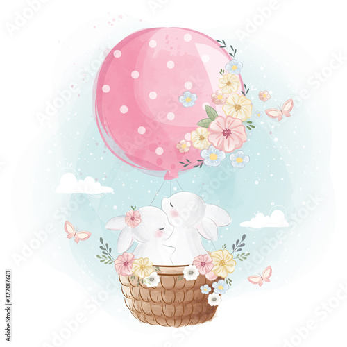 Fotomural Bunny Couple Flying with a Balloon