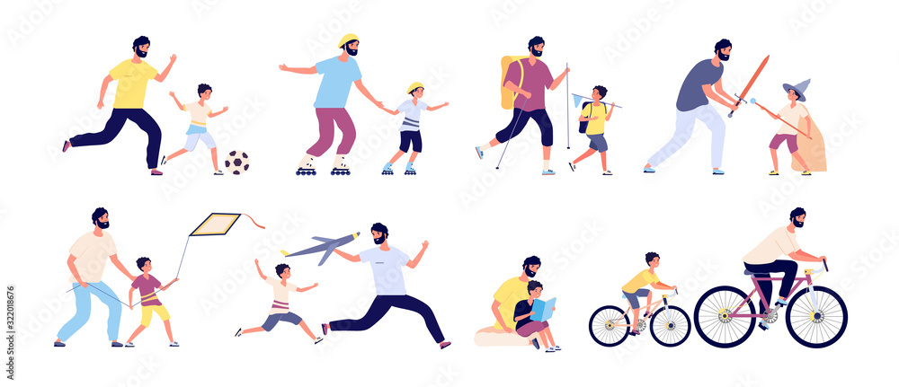 Father with children. Happy fatherhood, daddy and kids spending time together playing football, hiking and sunbathing, fishing vector set. Illustration father and sin ride bike and play - obrazy, fototapety, plakaty 