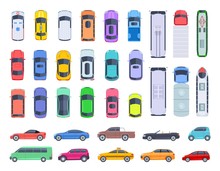 Top Side View Cars. Auto Transport, Truck And Car Roof Of Vehicle Transport. Public And Privat Transport Vector Set. Auto Car Above View, Transport Truck, Van And Machine Illustration