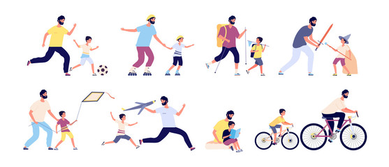 Wall Mural - Father with children. Happy fatherhood, daddy and kids spending time together playing football, hiking and sunbathing, fishing vector set. Illustration father and sin ride bike and play