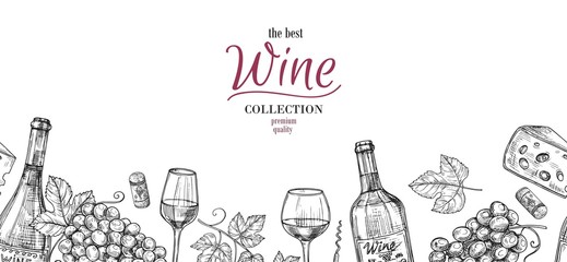 Poster - Sketch wine. Drawing drinks, grapes, bottles seamless border. Alcoholic banner with glasses and cheese, winery vector background. Wine drink drawing sketch, bottle and harvest illustration