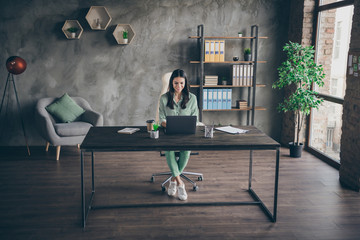 Nice attractive cheerful busy confident successful businesslady freelancer executive finance manager completing report at modern industrial brick loft interior style work place station open space