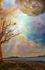 Alien planet fantasy landscape for book cover. Tree near lake with galaxy and stars in the sky. Elements of this image are furnished by NASA