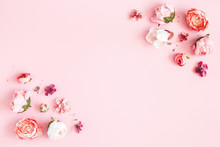 Flowers Composition. Frame Made Of Pink Flowers On Pastel Pink Background. Valentines Day, Mothers Day, Womens Day Concept. Flat Lay, Top View, Copy Space