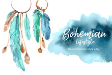 Bohemian Frame Design With Feather Watercolor Illustration.