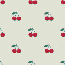 Hand Drawn Modern Illustration With Cherry. Vintage Trendy Vector Seamless Pattern In Vibrant Colors. Retro, Pin-up Repeating Texture.