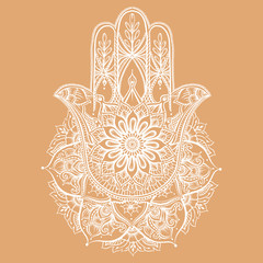 Wall Mural - Ornate hand drawn hamsa. Popular Arabic and Jewish amulet. Vector illustration. Outline,v isolated on white background.