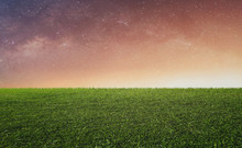 Starry Sky With Sunlight Over Green Grass