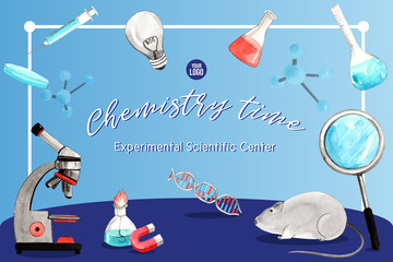 Science frame design with microscope, syringe, glass flask watercolor illustration.
