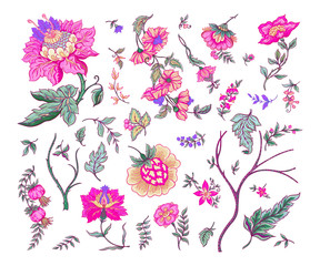 Set of Fantasy flowers in retro, vintage, jacobean embroidery style. Embroidery imitation isolated on white background. Vector illustration.