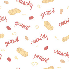 Wall Mural - vector crunchy peanuts seamless pattern on white background with lettering and doodle elements, snack tasty food, editable illustration for decoration, fabric, textile, paper, banner, print 