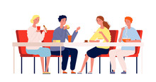 Friends Eating. Happy People Meeting And Have A Dinner Sitting At The Table In Restaurant Or Cafe Vector Characters. Illustration People Meeting, Happy Sitting And Have Lunch