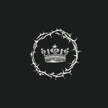 Vector Banner On The Theme Of Easter With A Crown Of Thorns And A Crown On The Black Background. Black And White Religious Illustration