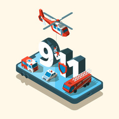 Canvas Print - Emergency vehicles isometric. Safety urban transport 911 care call ambulance police vector car set. Emergency vehicle transport, transportation truck, 911 isometric illustration