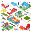 Isometric Countryside Farm scene generator creator vector design objects illustration. Cottage hangar school buildings construction cars tractor street objects collection.