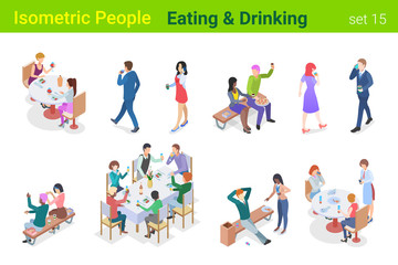 Wall Mural - Isometric People eating and Drinking in Restaurant or Outdoor flat vector collection.