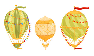 Poster - Hot Air Balloons Decorated with Flag Garlands Flying in the Air Vector Set