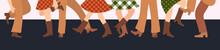 Vector Illustration Horizontal Banner With Male And Female Legs In Cowboy Boots Dancing Country Western On A Dark Background In Flat Style.