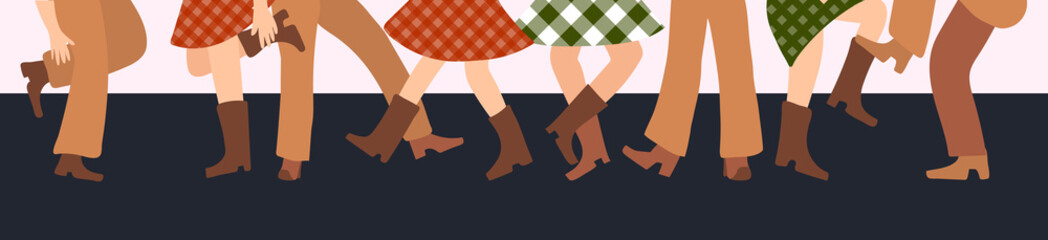 Wall Mural - Vector illustration horizontal banner with male and female legs in cowboy boots dancing country western on a dark background in flat style.