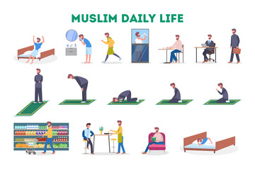 Daily routine of a muslim man set. Male character