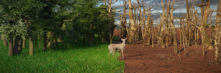 deer in past and future forest, climate change crisis, global warming impact on nature