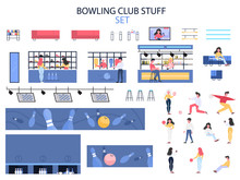 Bowling Club Room Interior Stuff Set. People Going Bowling