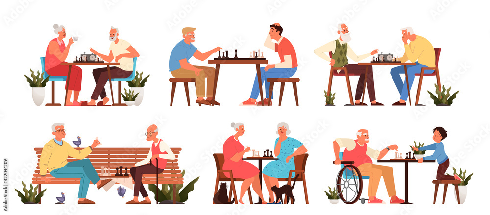 Old people play chess set. Elderly peope sitting at the table with chessboard. - obrazy, fototapety, plakaty 