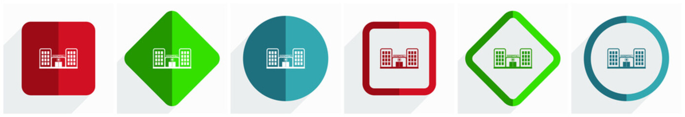 Aufkleber - Hospital building icon set, flat design vector illustration in 6 options for webdesign and mobile applications in eps 10