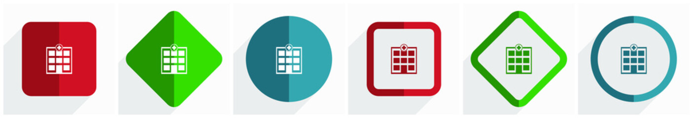 Aufkleber - Hospital building icon set, flat design vector illustration in 6 options for webdesign and mobile applications in eps 10